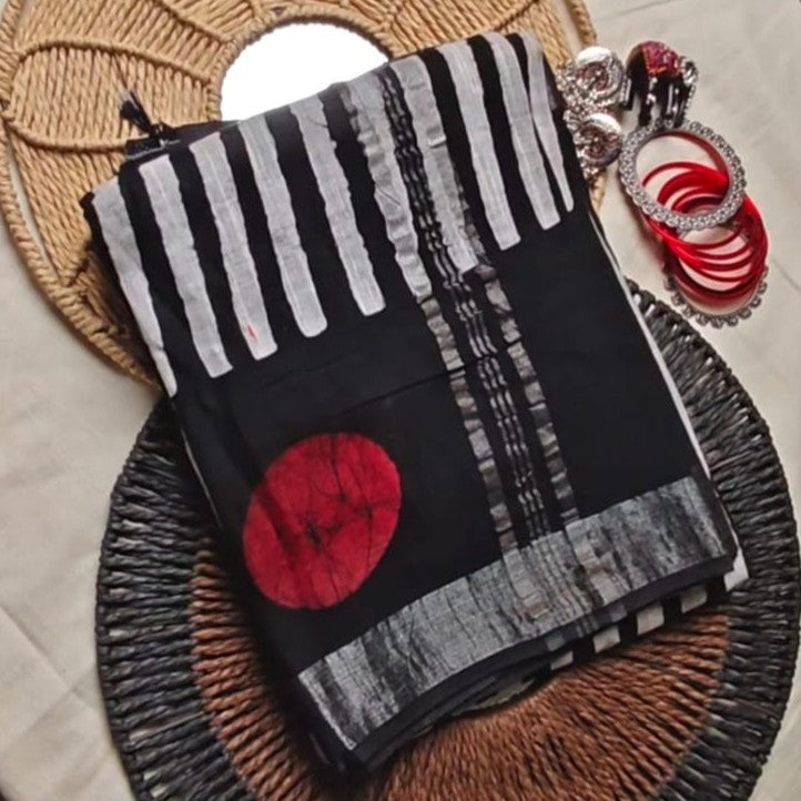 Trendy Stripe & Polka Combo Saree in Black and White