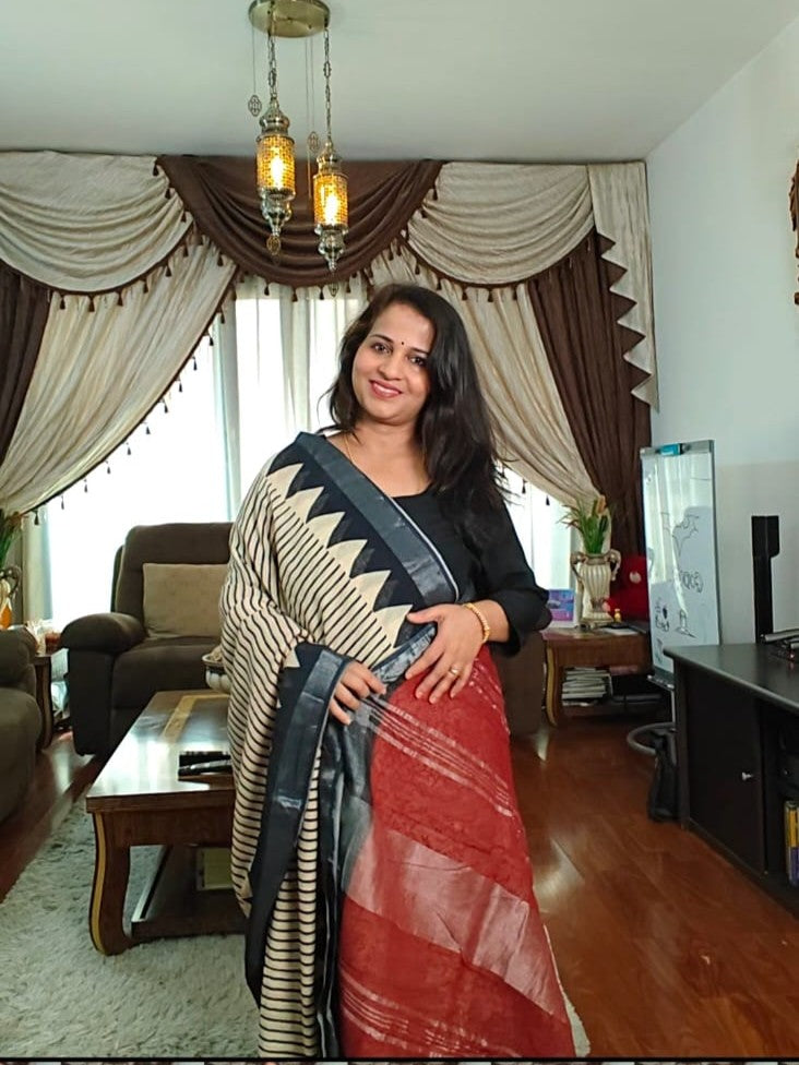 Hand Block Bagru Cotton Sarees-Black Beige Stripes & Red Pallu