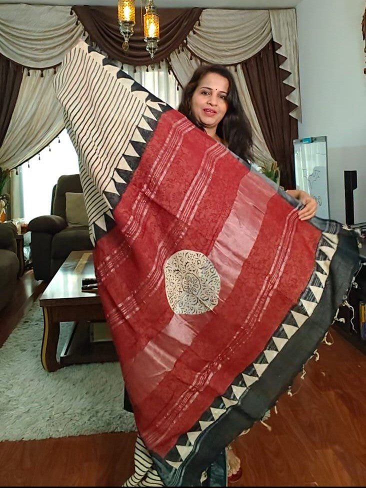Hand Block Bagru Cotton Sarees-Black Beige Stripes & Red Pallu