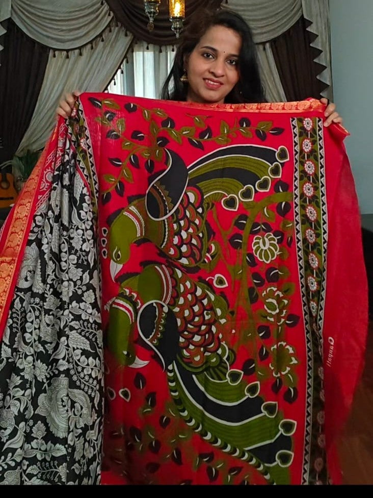Black and Red border soft mulmul cotton silk pen kalamkari saree