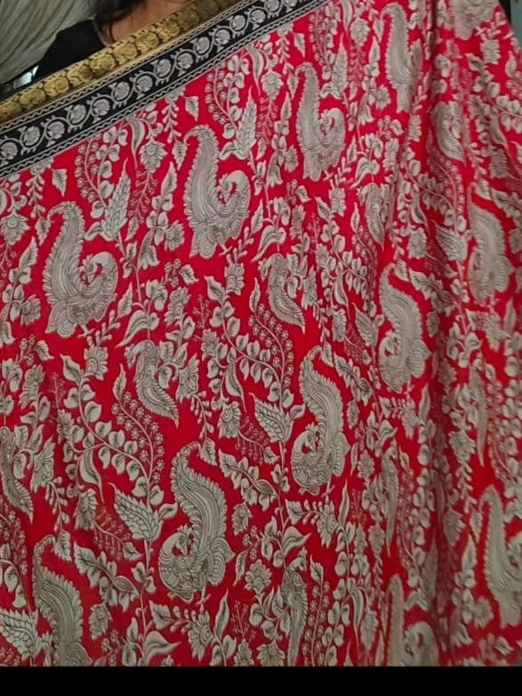 Black and Red border soft mulmul cotton silk pen kalamkari saree