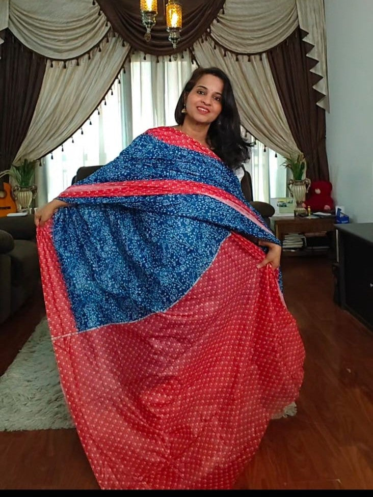 Indigo print Chanderi cotton saree