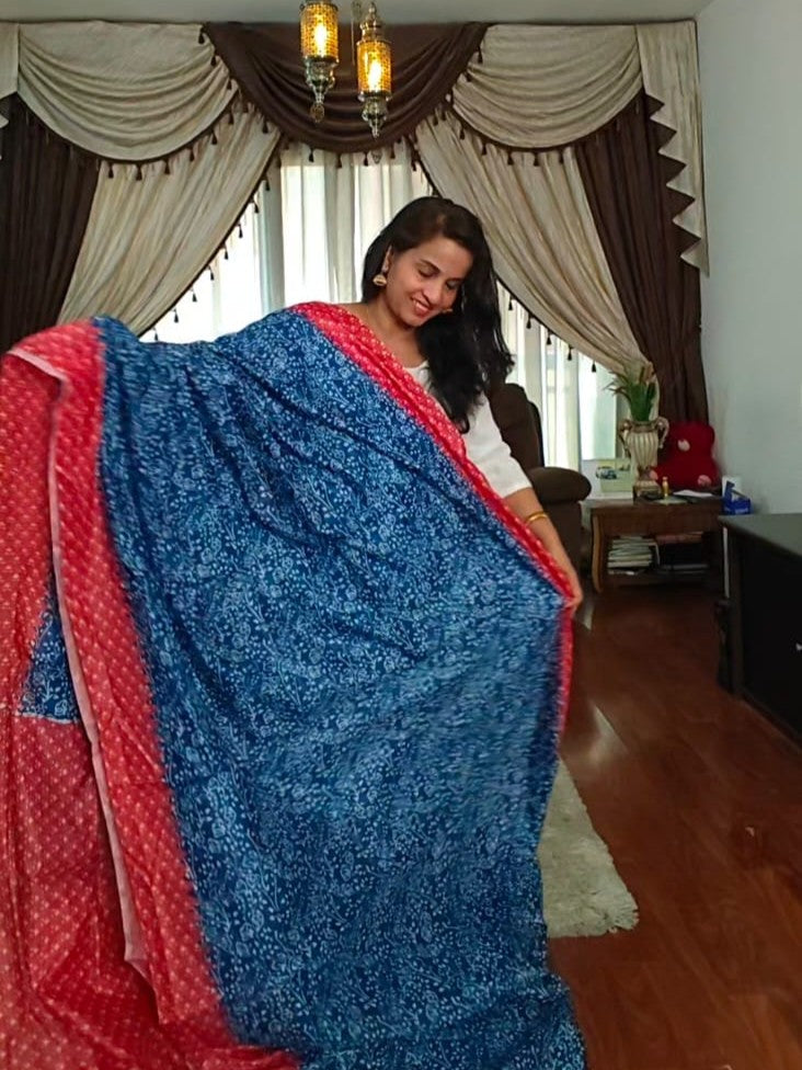 Indigo print Chanderi cotton saree