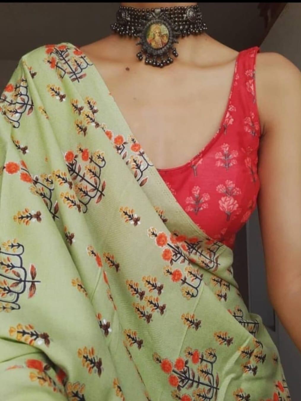 Floral design olive green Chanderi cotton saree