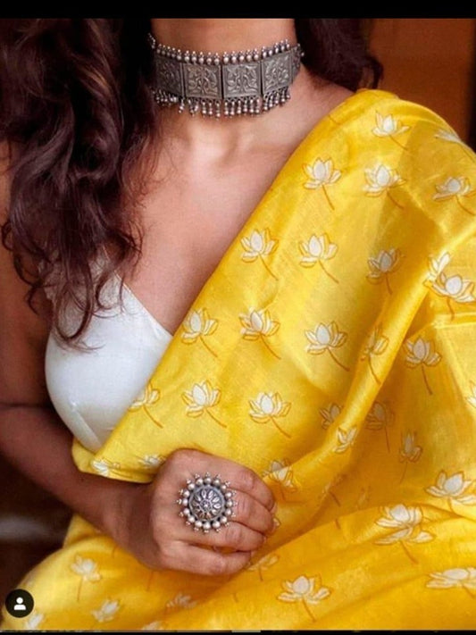 Lotus Print Yellow Colour Chanderi Cotton Sarees