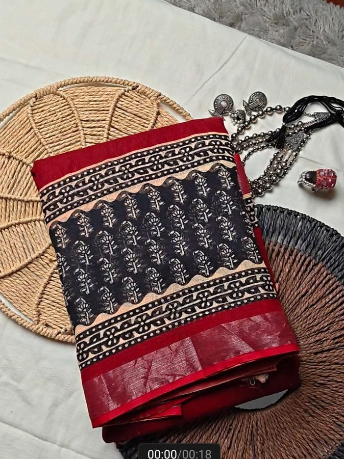 Chic Maroon & Black Floral  Bagru Cotton Sarees