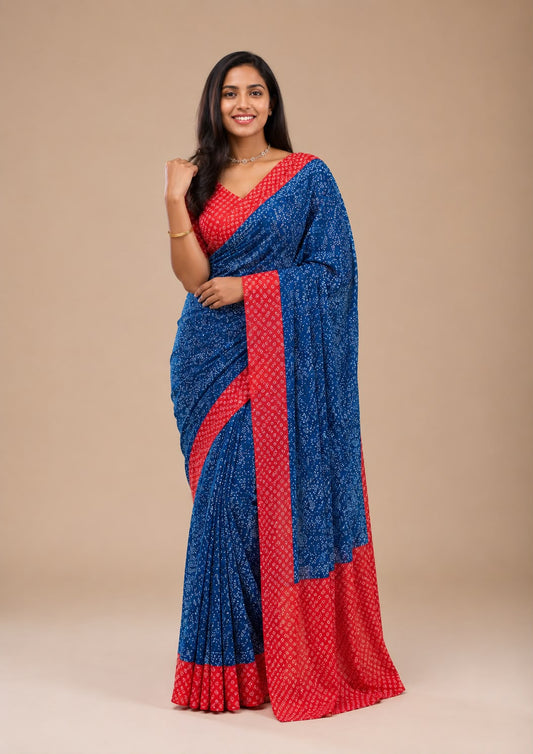 Indigo print Chanderi cotton saree