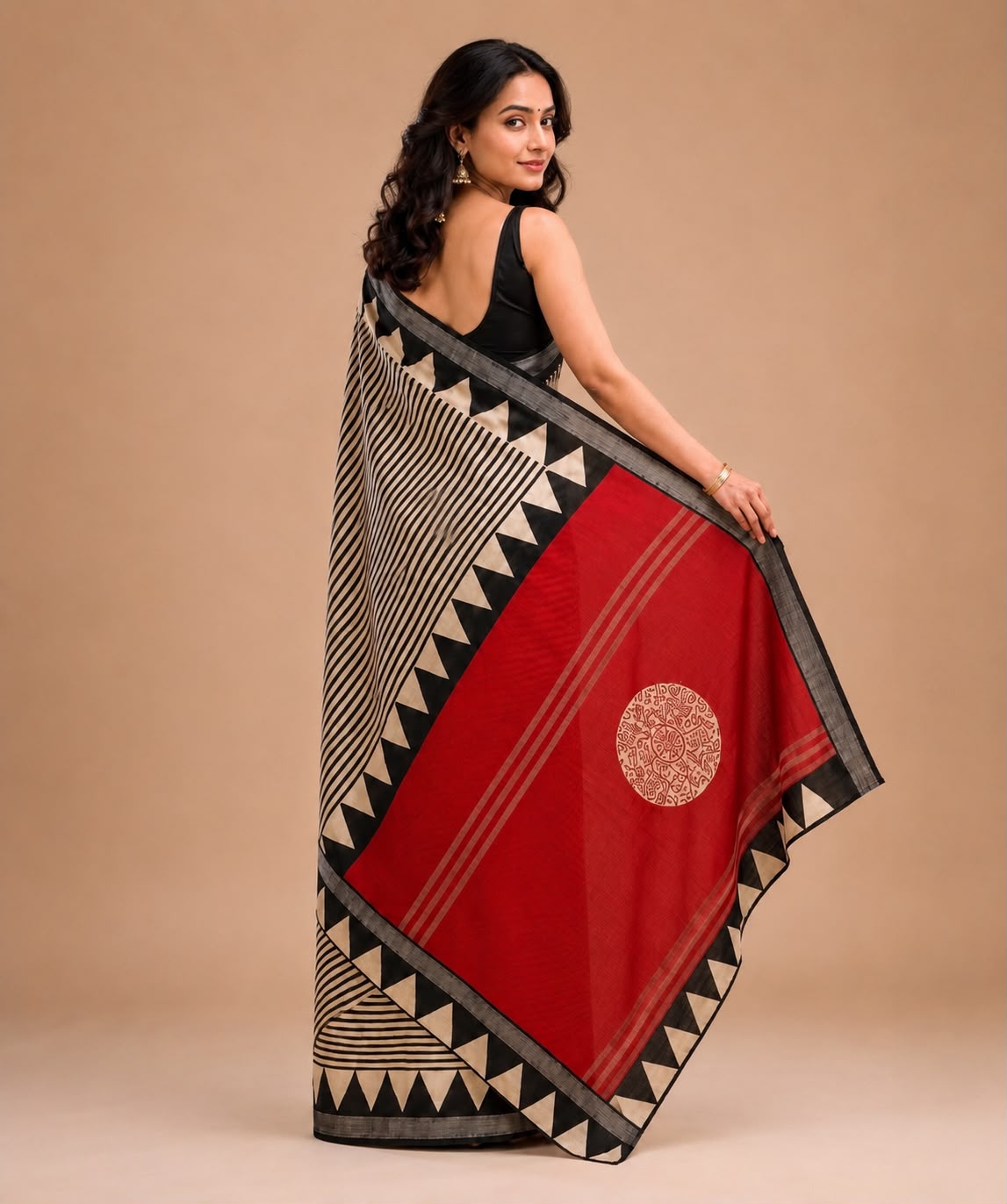 Black and beige strip with red pallu  Maheshwari silk saree