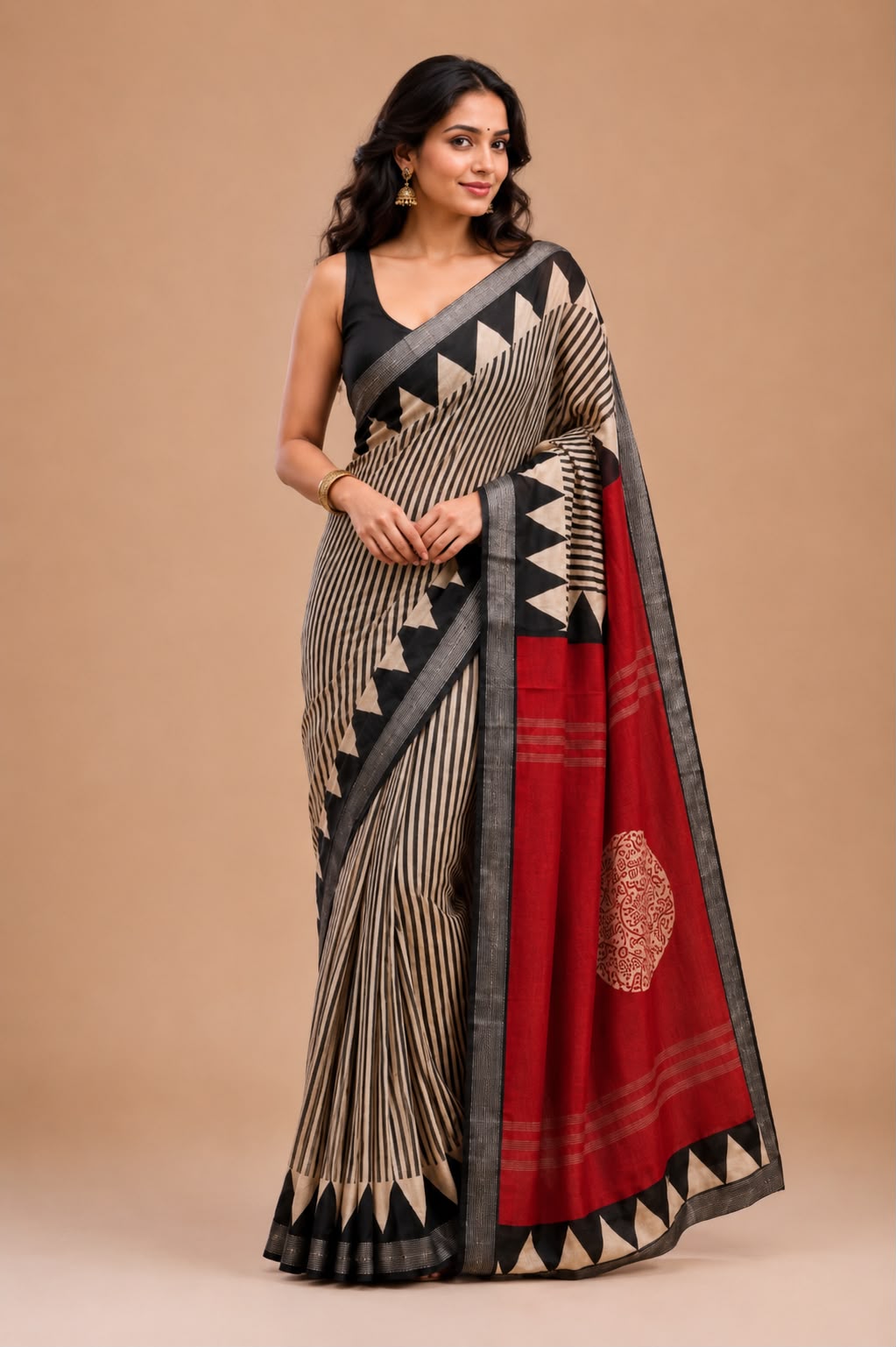 Black and beige strip with red pallu  Maheshwari silk saree