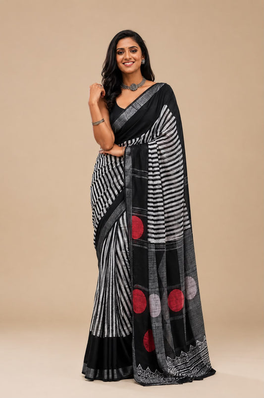 Trendy Stripe & Polka Combo Saree in Black and White