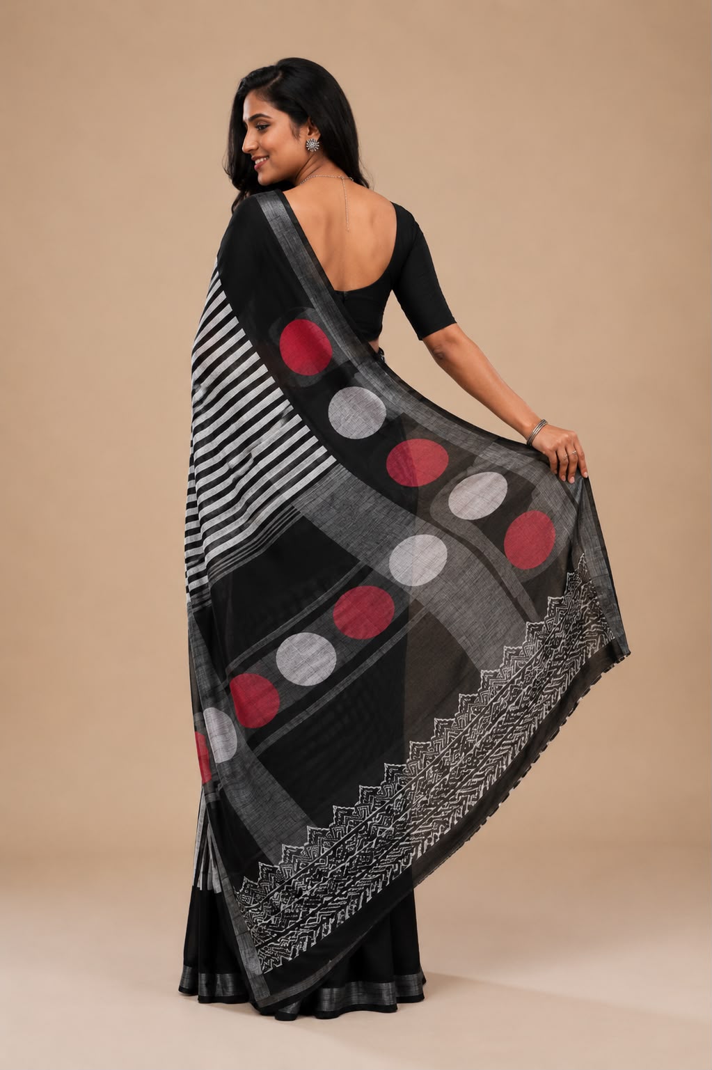 Trendy Stripe & Polka Combo Saree in Black and White