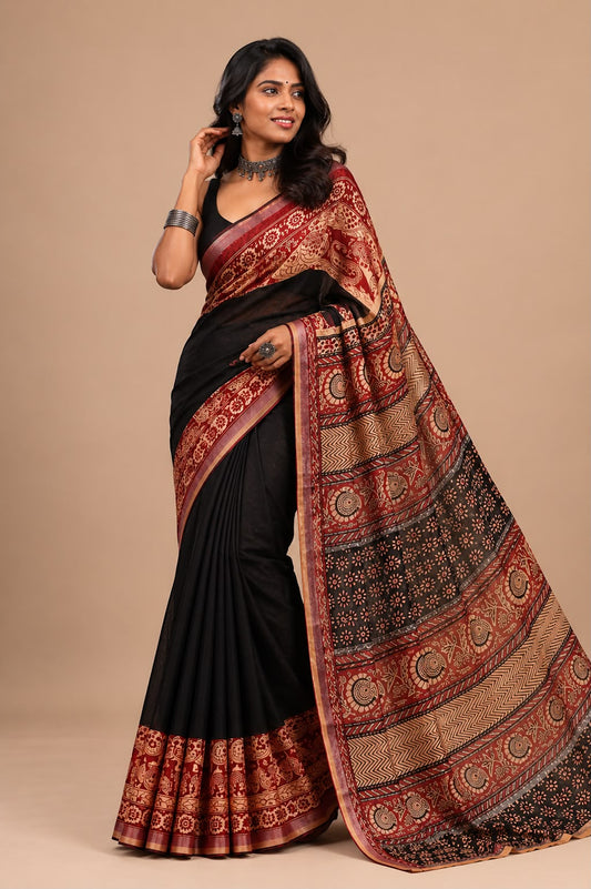 Timeless Black Cotton Saree With Bagru Floral Border