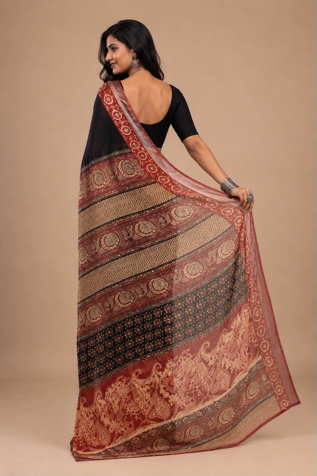 Timeless Black Cotton Saree With Bagru Floral Border