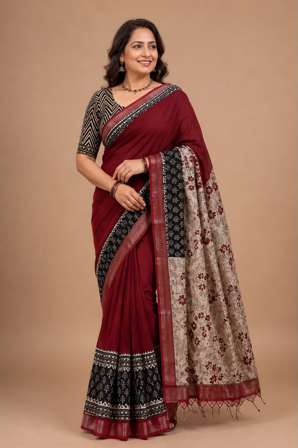 Chic Maroon & Black Floral  Bagru Cotton Sarees