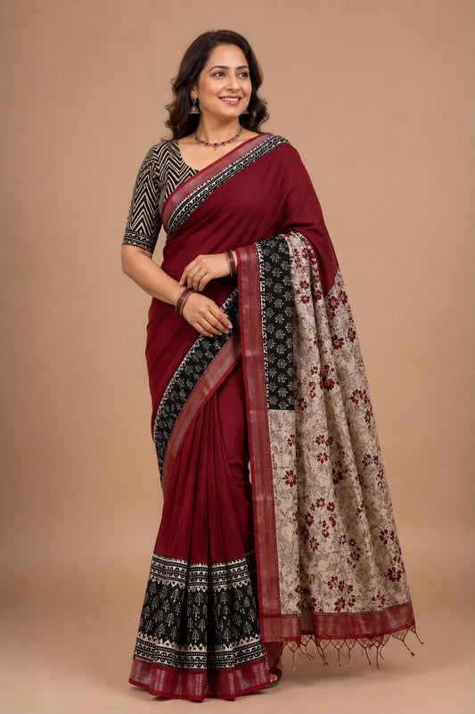 Chic Maroon & Black Floral  Bagru Cotton Sarees