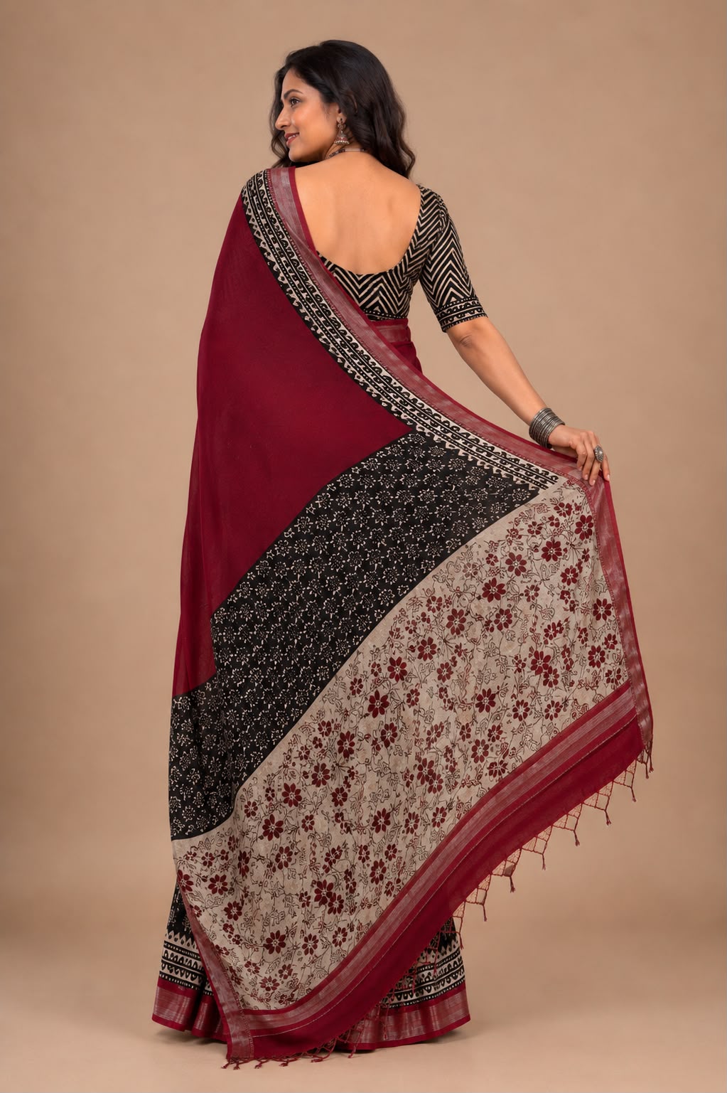 Chic Maroon & Black Floral  Bagru Cotton Sarees