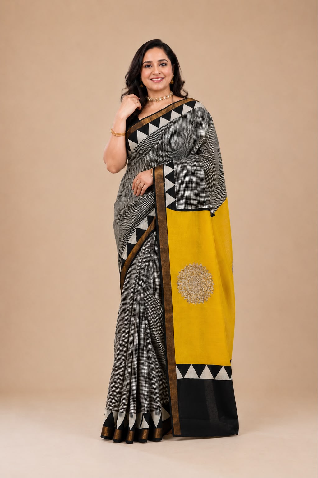 Classic Checks Maheshwari  Silk Saree in Black and white with Yellow Border