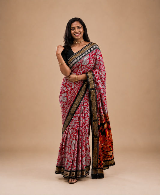 Black and Red border soft mulmul cotton silk pen kalamkari saree