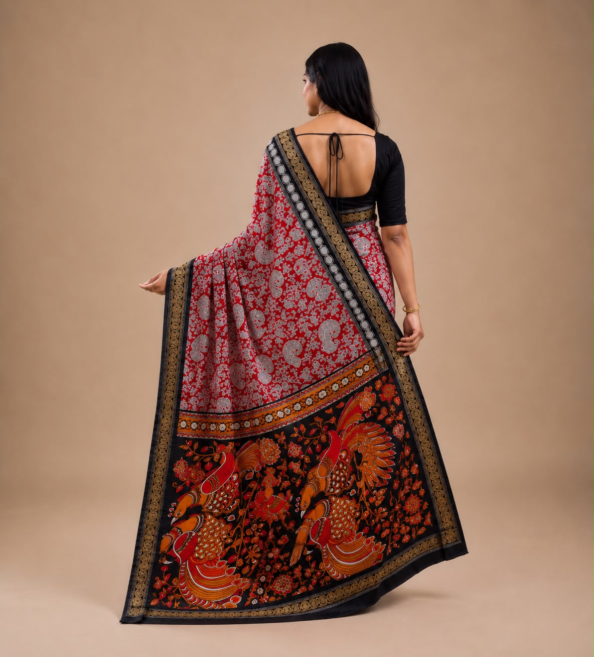 Black and Red border soft mulmul cotton silk pen kalamkari saree