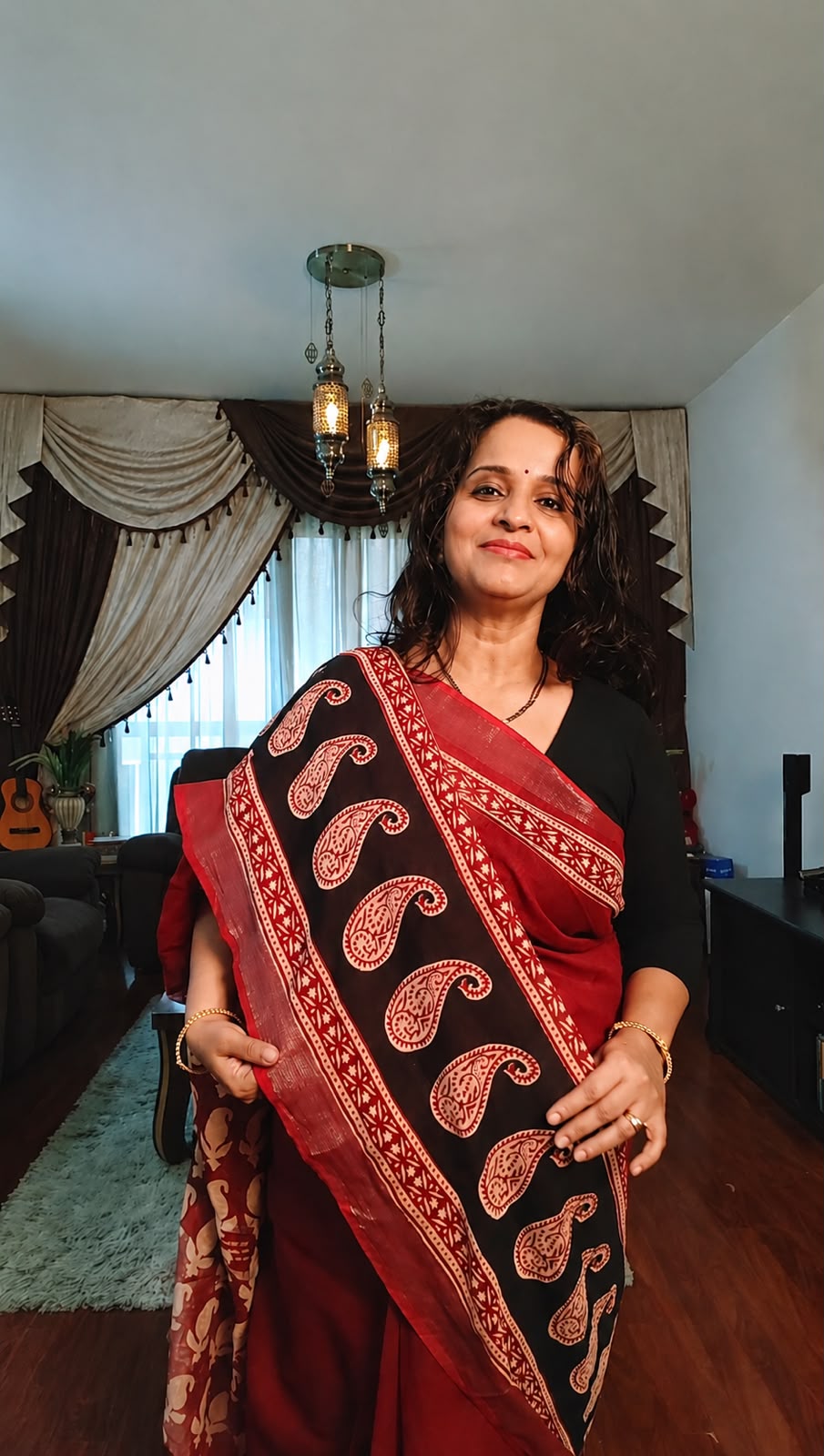 Marron and beige bagru cotton sarees