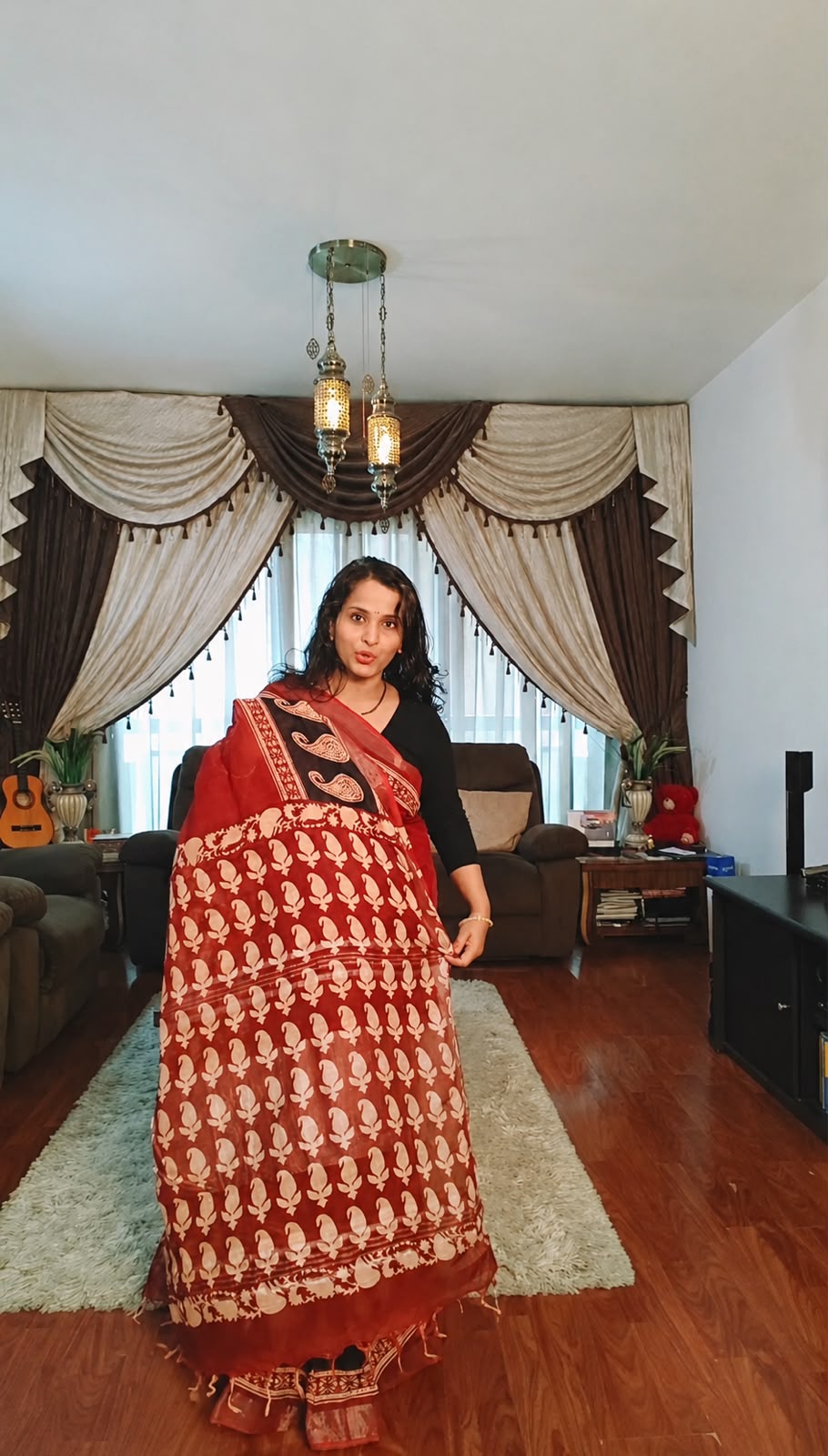 Marron and beige bagru cotton sarees