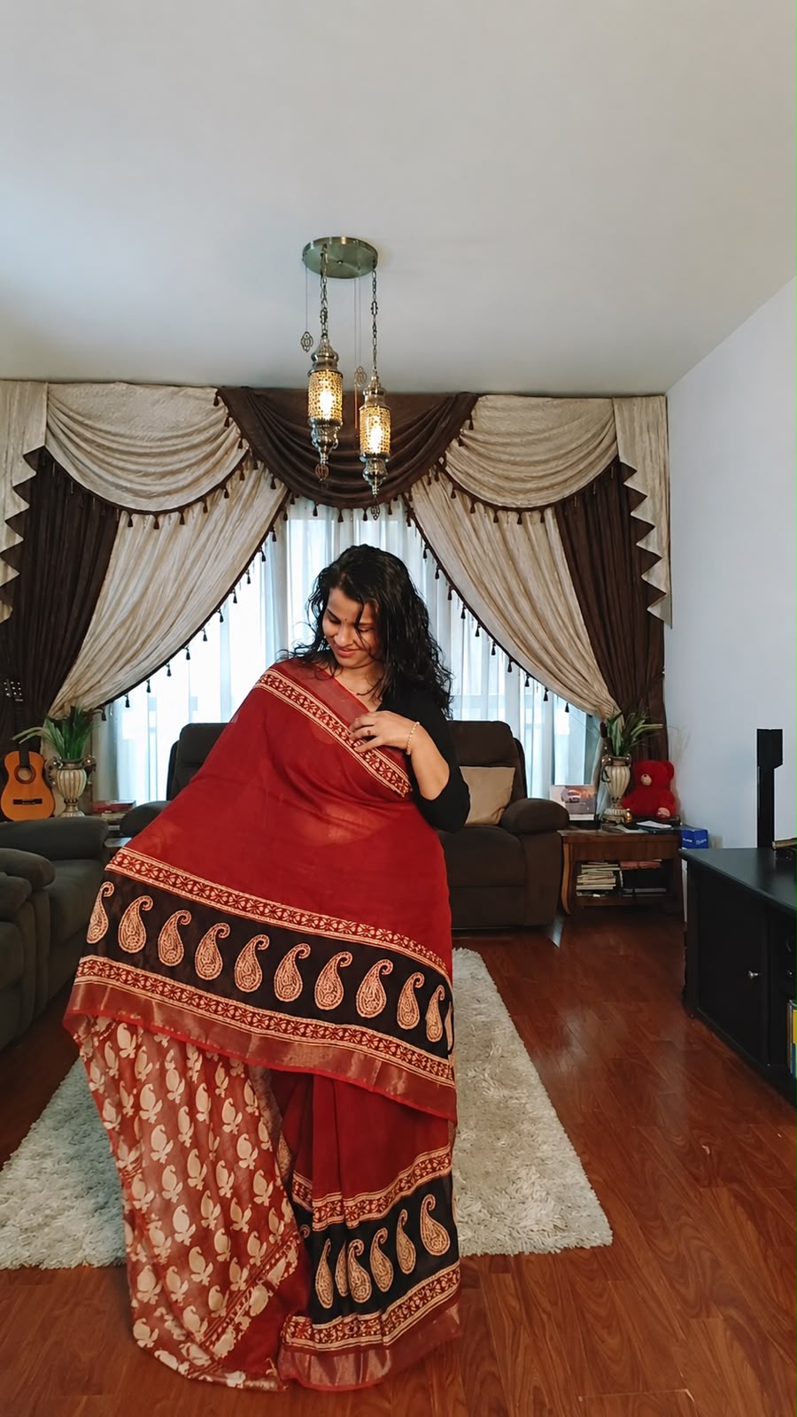 Marron and beige bagru cotton sarees