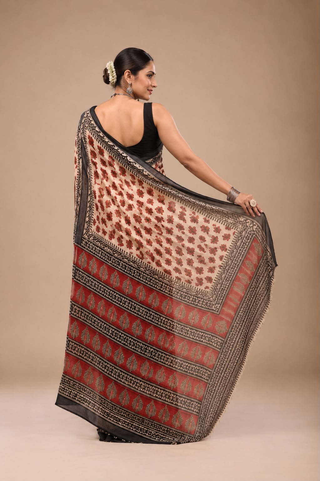 Red and Beige Bagru hand block print cotton sarees