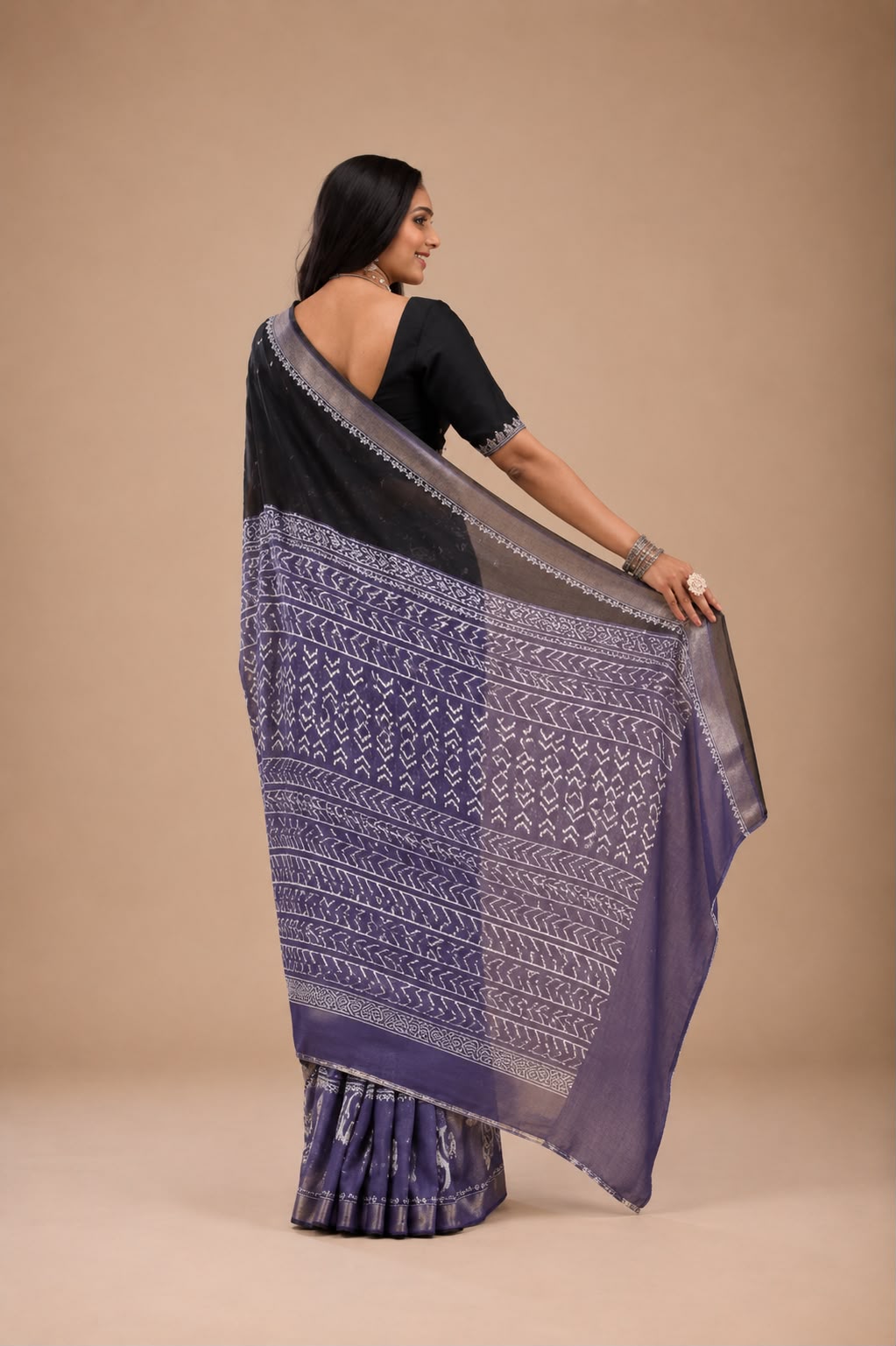 Black and purple hand block print Bagru cotton saree