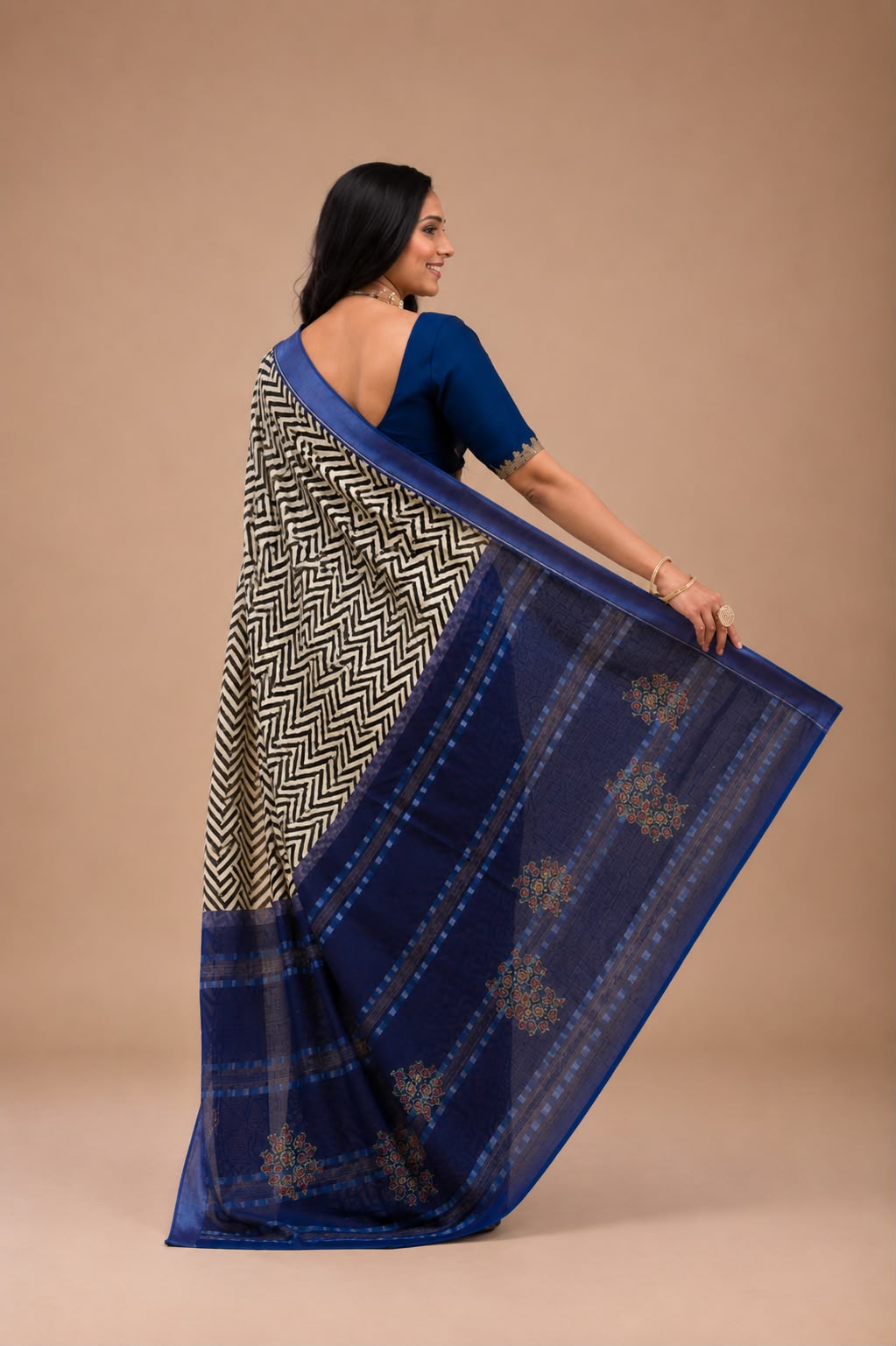 Geomatrical strip bagru hand block print cotton saree
