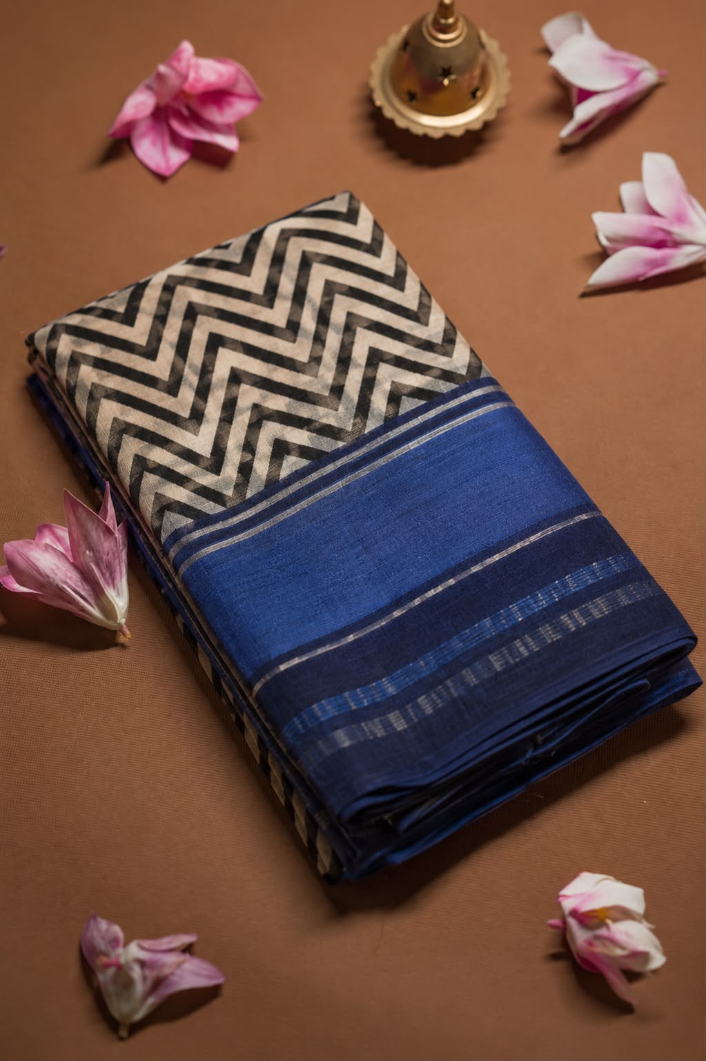 Geomatrical strip bagru hand block print cotton saree