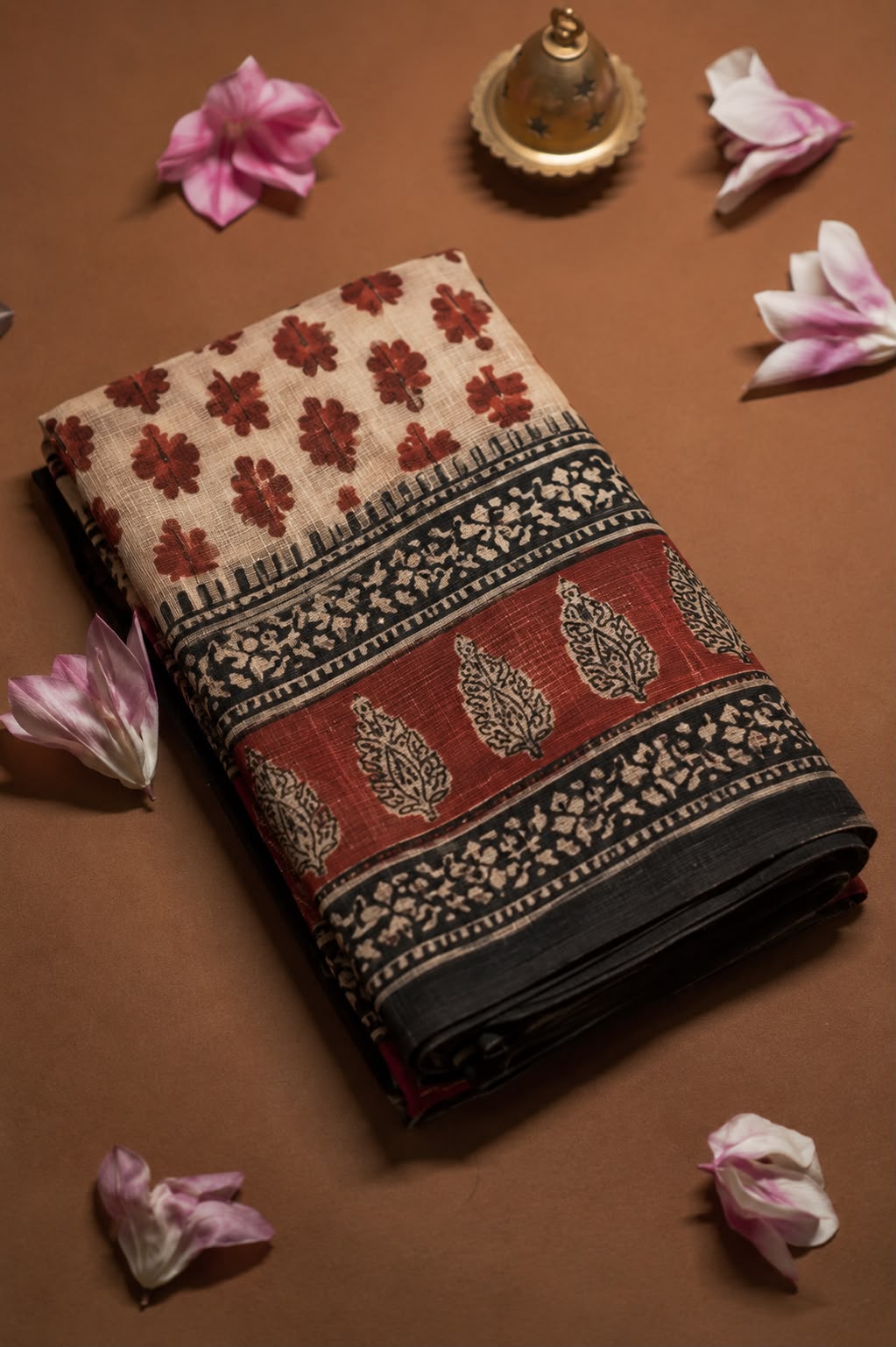 Red and Beige Bagru hand block print cotton sarees