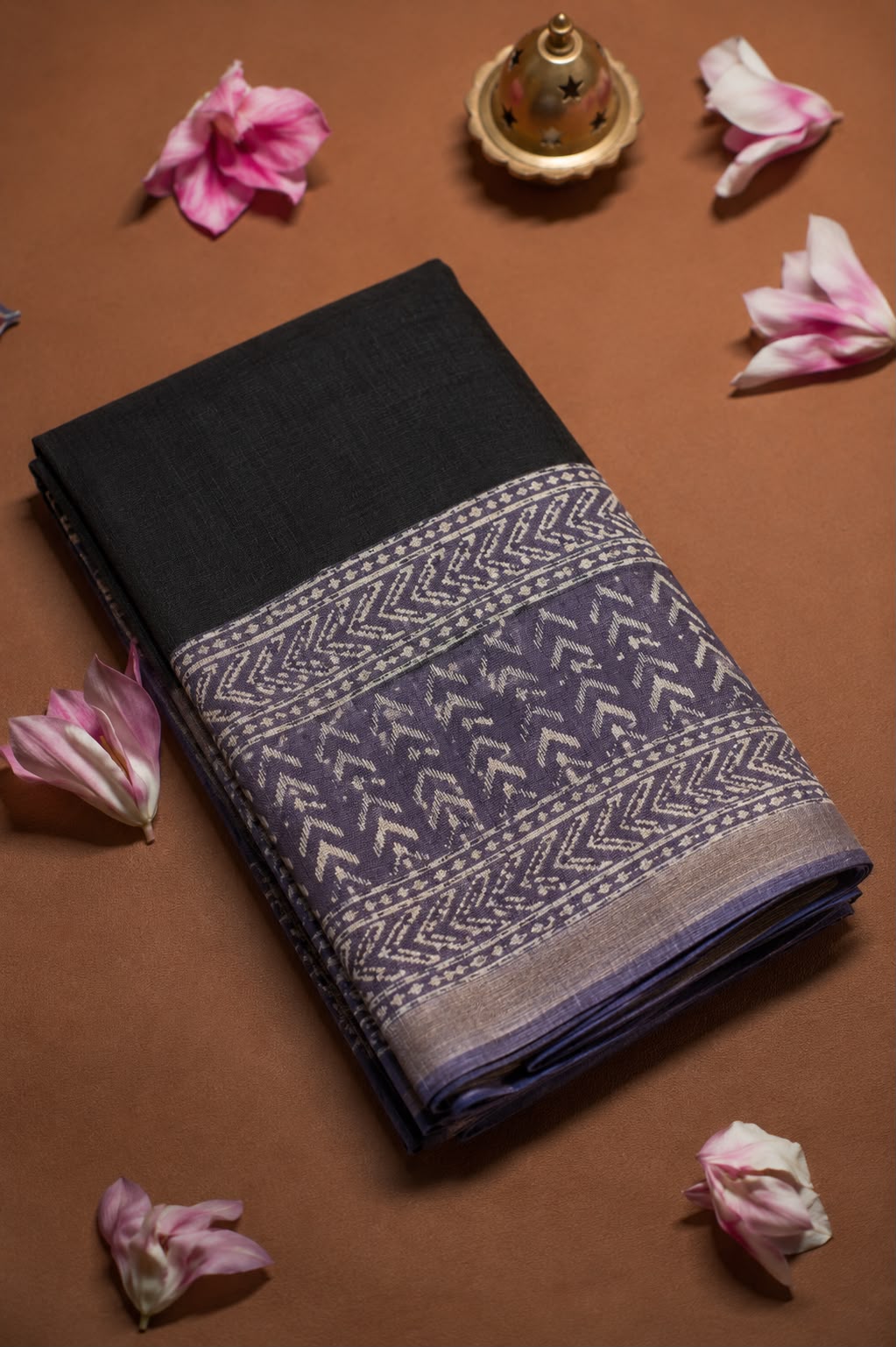 Black and purple hand block print Bagru cotton saree