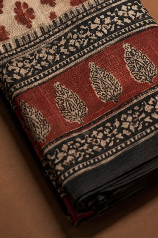 Red and Beige Bagru hand block print cotton sarees
