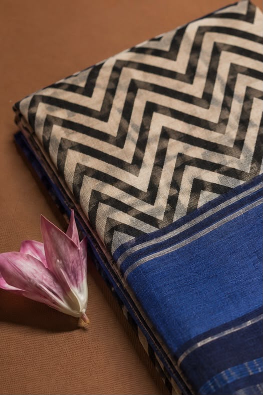 Geomatrical strip bagru hand block print cotton saree