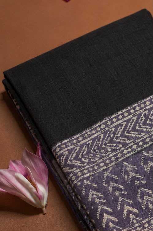 Black and purple hand block print Bagru cotton saree
