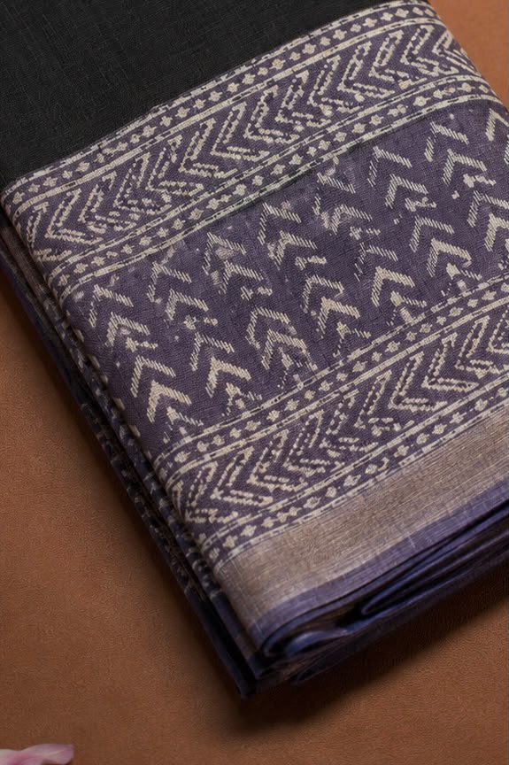 Black and purple hand block print Bagru cotton saree
