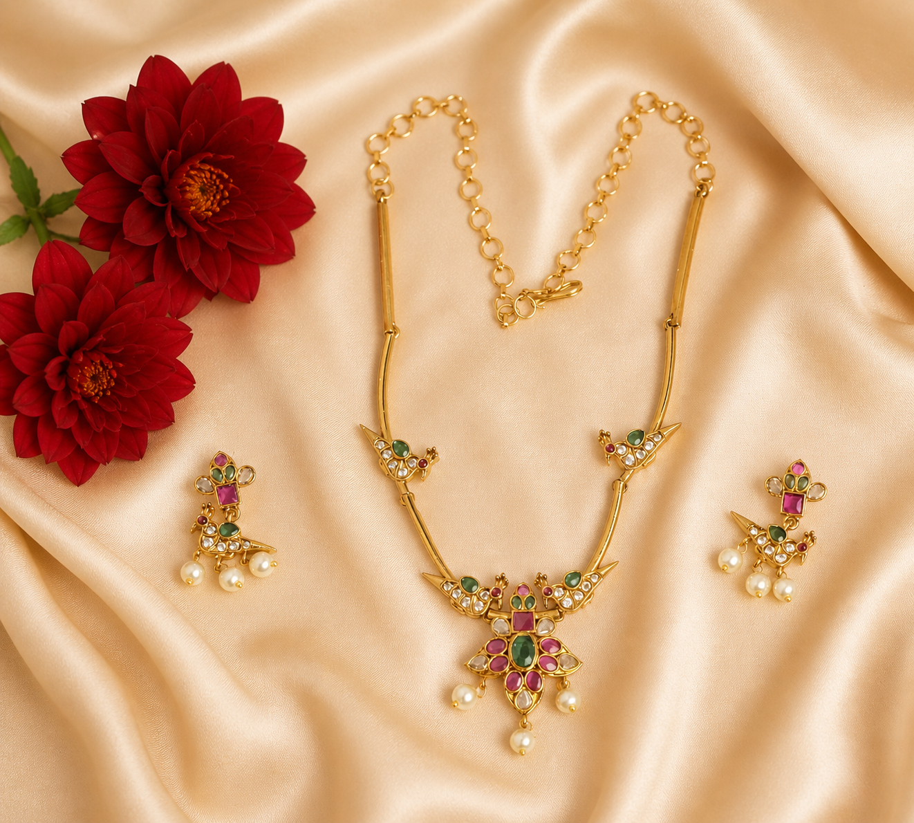 Elegant Gold Peacock Necklace Set with Pearl Hanging & Red-Green Stones